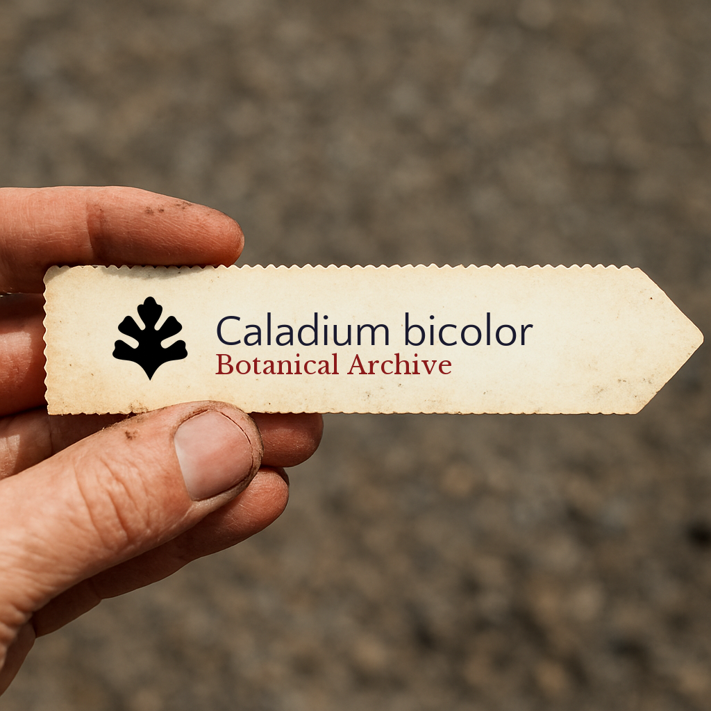 Printed plant label for Caladium bicolor held by hand with dirt background