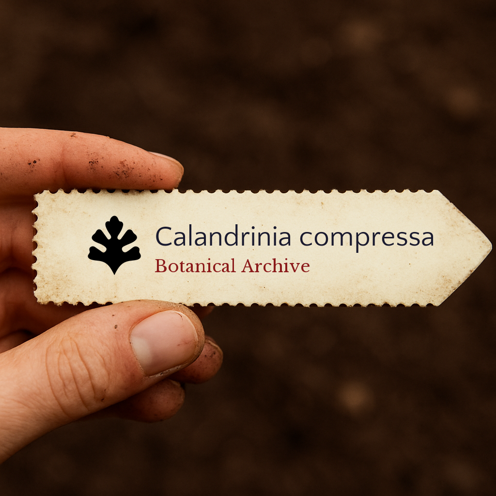 Etichetta stampata per pianta di Calandrinia compressa tenuta in mano con sfondo di terra