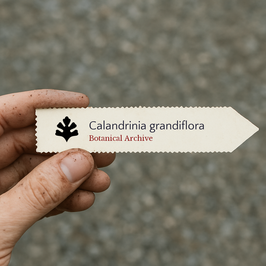 Printed plant label for Calandrinia grandiflora held by hand with dirt background