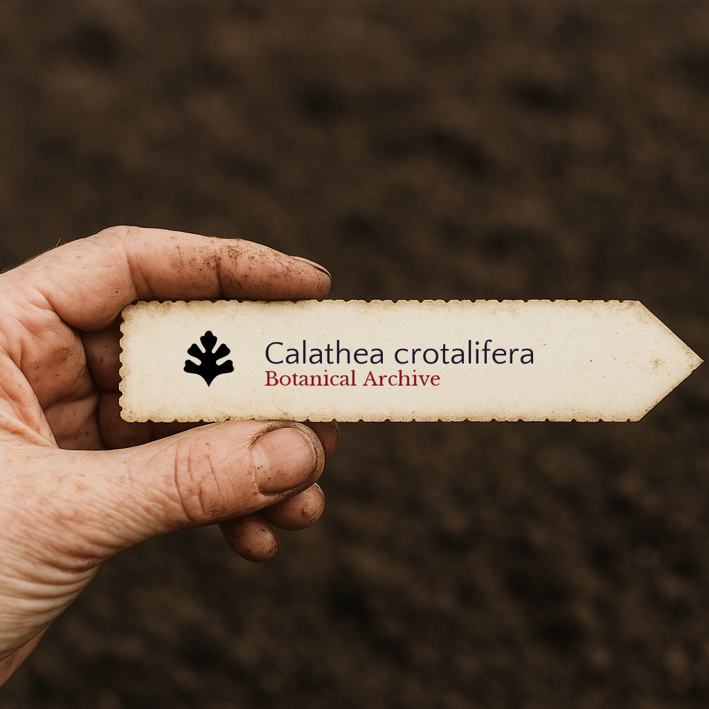 Printed plant label for Calathea crotalifera held by hand with soil background