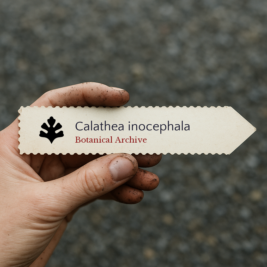 Printed plant label for Calathea inocephala with botanical archive logo held by dirty hand