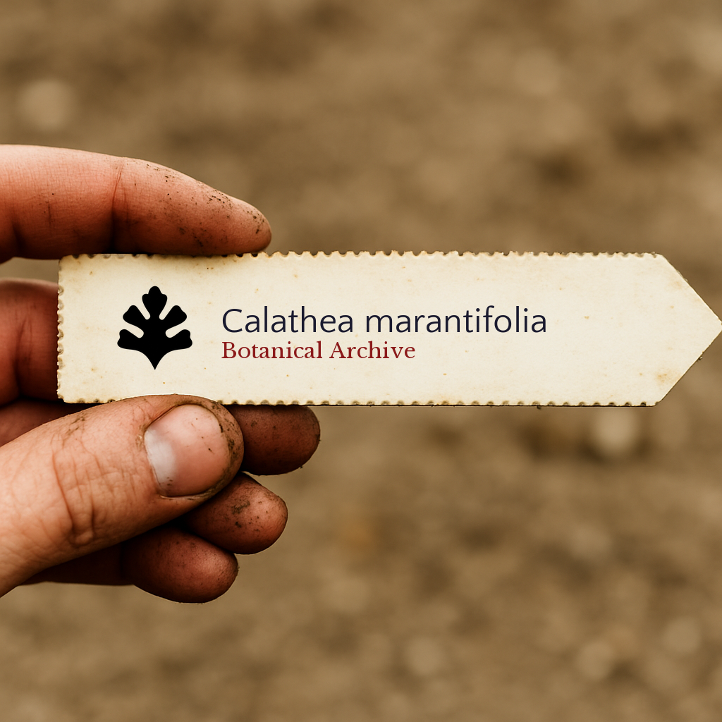 Printed plant label for Calathea marantifolia held by dirty hand outdoors