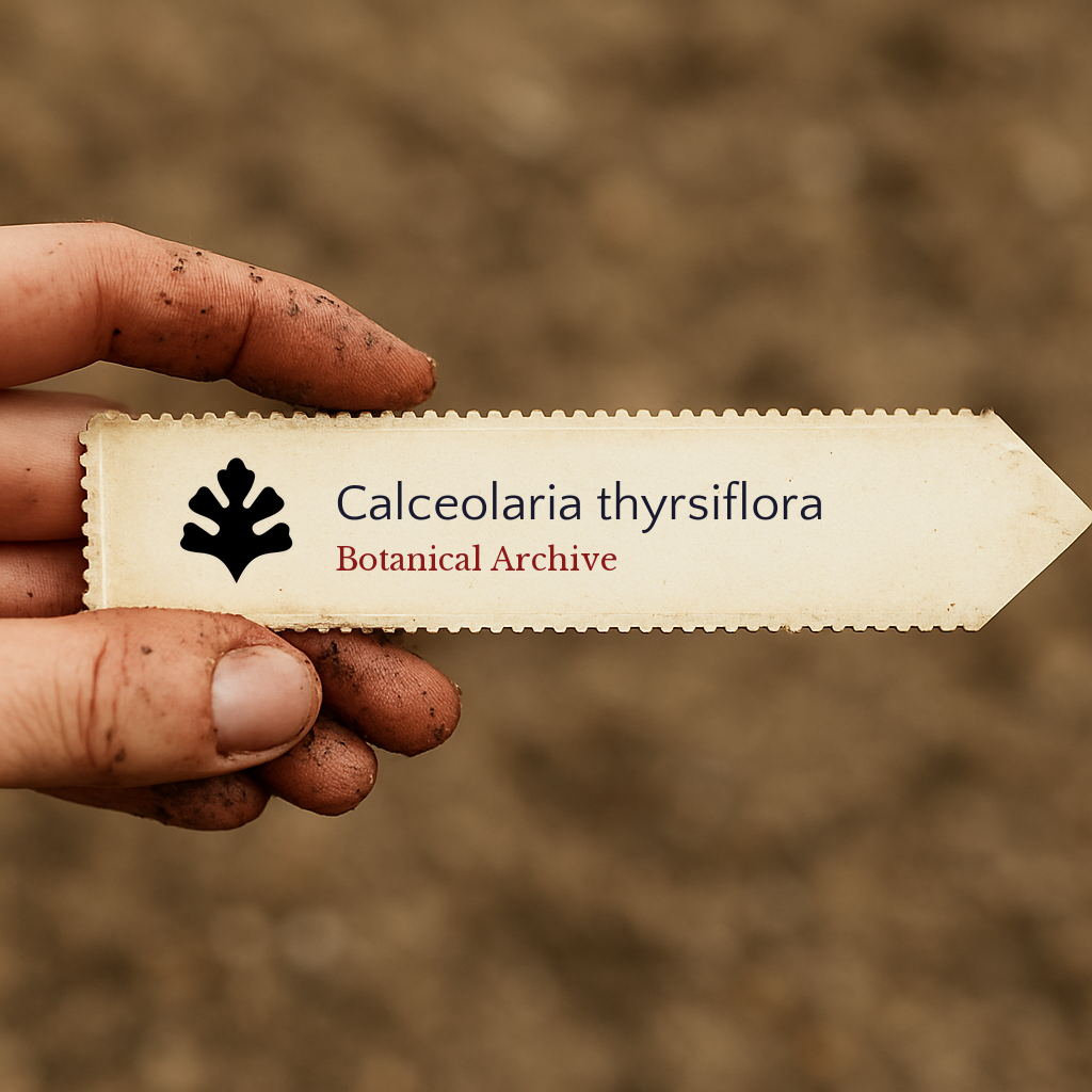 Etichetta stampata per pianta di Calceolaria thyrsiflora tenuta da mano sporca su sfondo di terreno