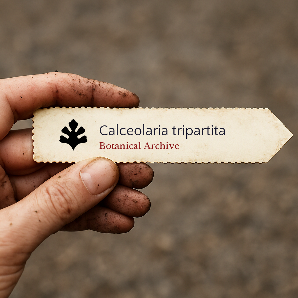 Etichetta vegetale stampata per Calceolaria tripartita tenuta da una mano sporca all'aperto