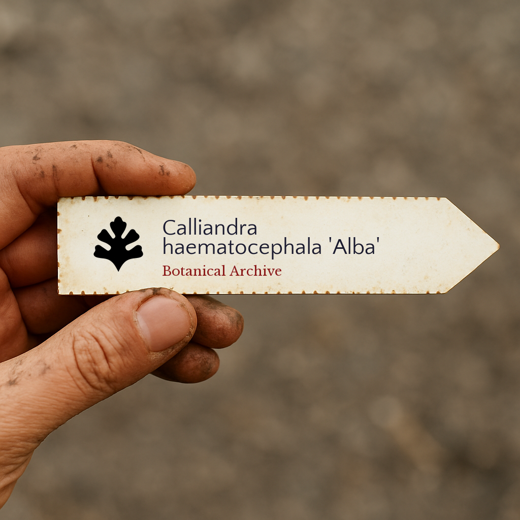 Etichetta per piante stampata per Calliandra haematocephala 'Alba' tenuta da mano sporca