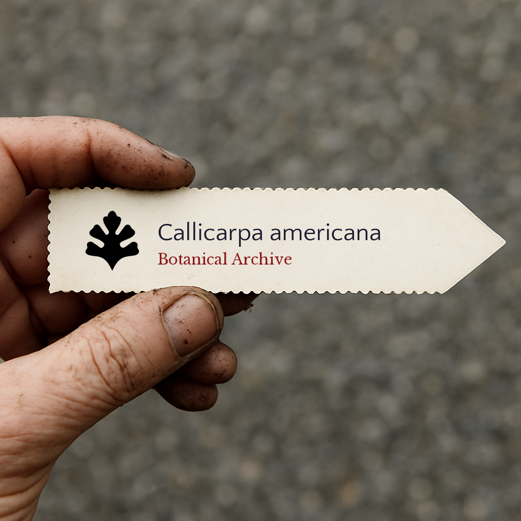 Printed plant label for Callicarpa americana held by dirty hand outdoors