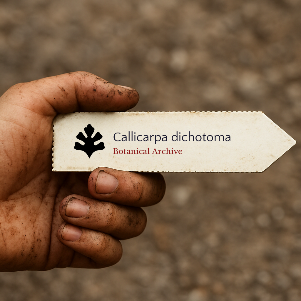 Etichetta per piante stampata per Callicarpa dichotoma tenuta da una mano sporca all'aperto