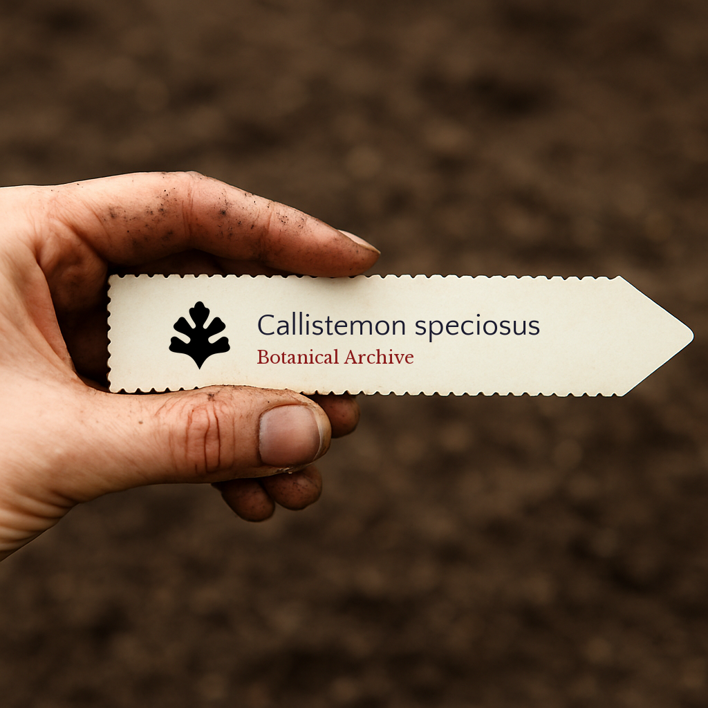 Printed plant label for Callistemon speciosus held by dirty hand over soil background
