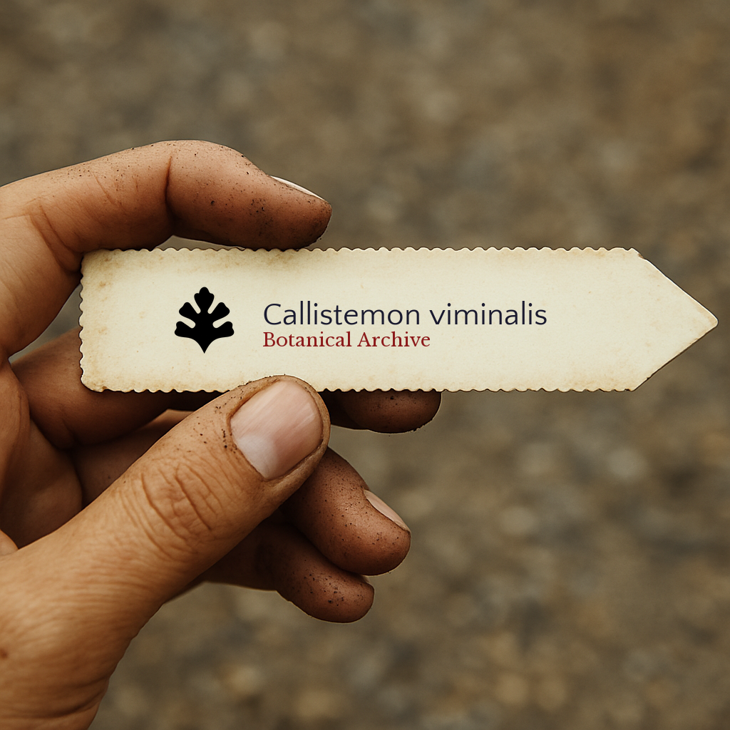 Printed plant label for Callistemon viminalis held by hand with soil-stained fingers