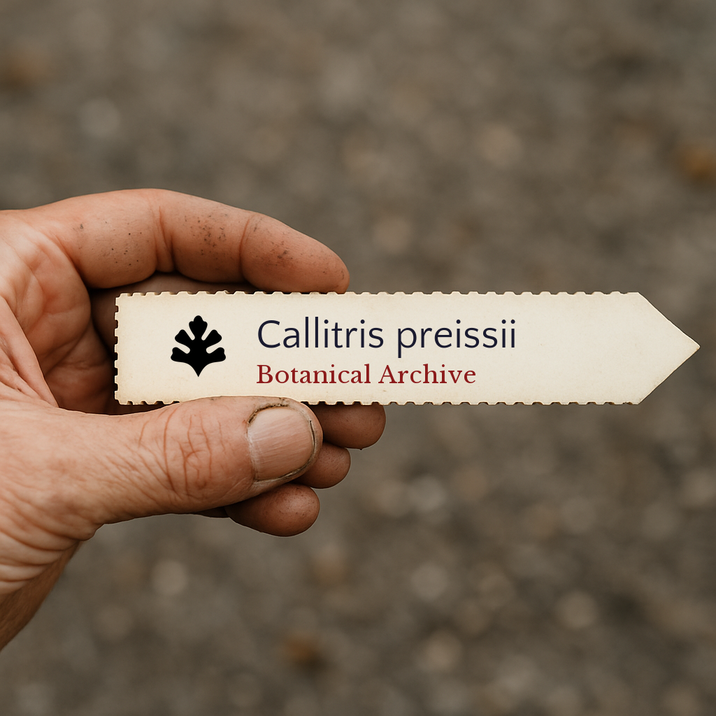 Etichetta botanica stampata per Callitris preissii con il logo Botanical Archive tenuta in mano