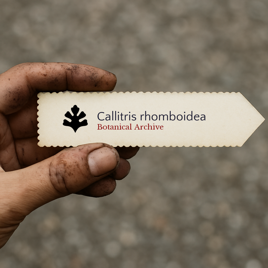 Printed plant label for Callitris rhomboidea held by a dirty hand outdoors