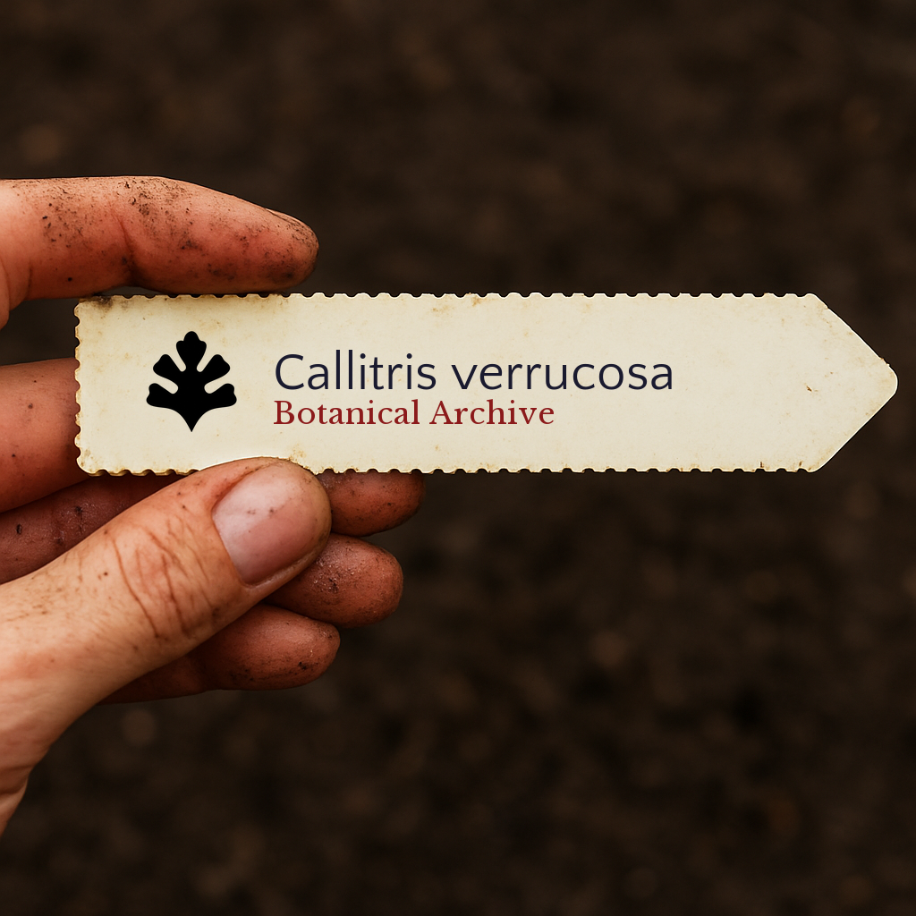 Printed plant label for Callitris verrucosa held by dirty hand over soil background