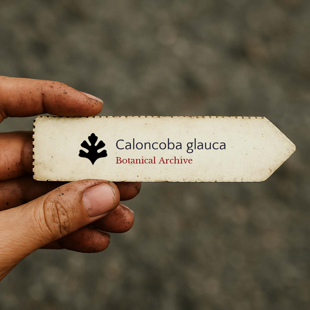 Etichetta plantare stampata per Caloncoba glauca tenuta da mano sporca all'aperto