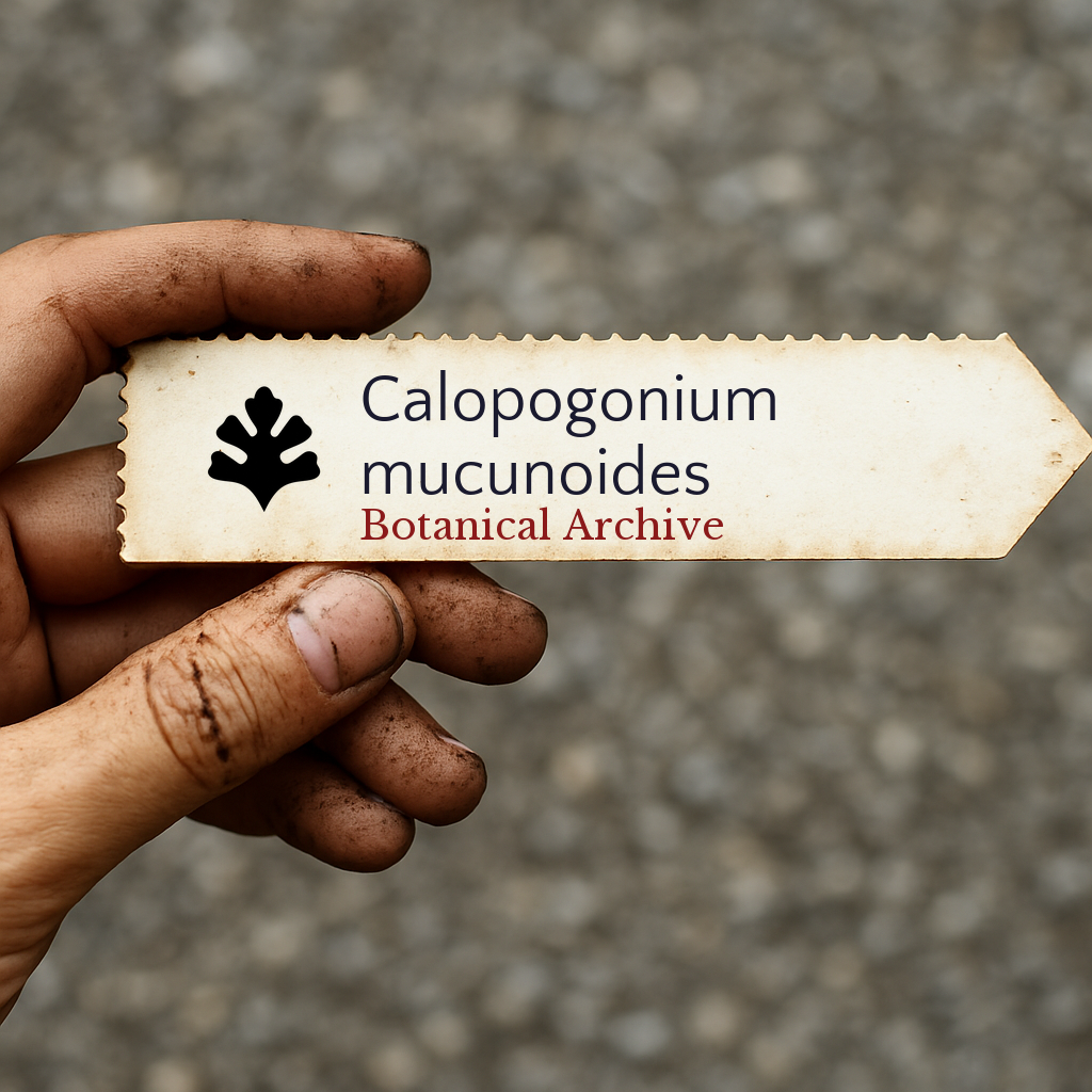 Etichetta stampata per pianta di Calopogonium mucunoides tenuta da una mano sporca all'aperto