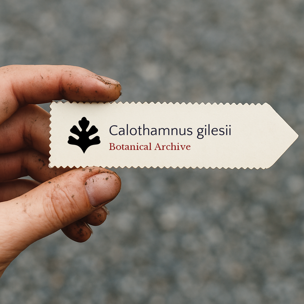 Printed plant label for Calothamnus gilesii held by hand with soil on fingers