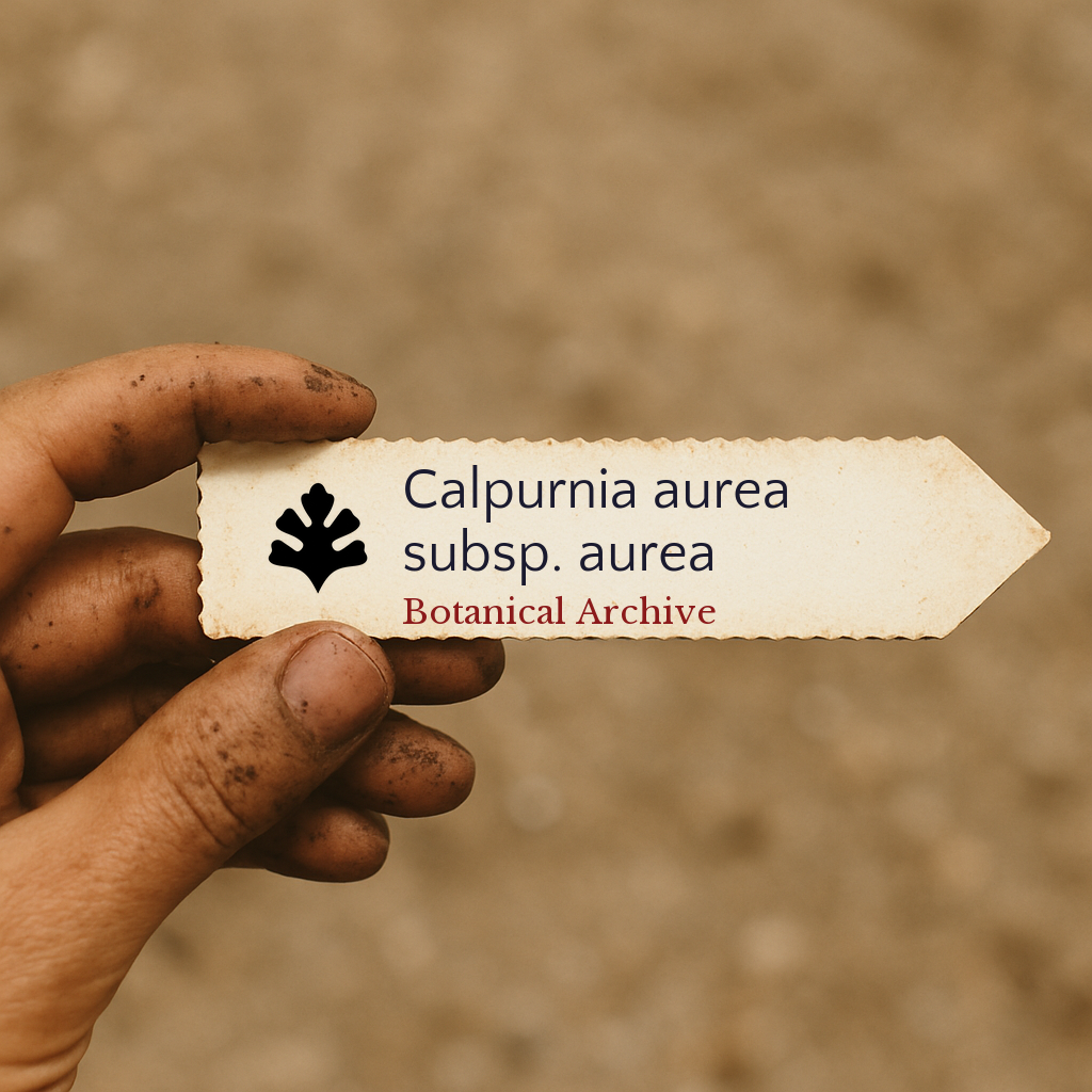 Printed plant label for Calpurnia aurea subsp. aurea held by dirty hand on blurred background