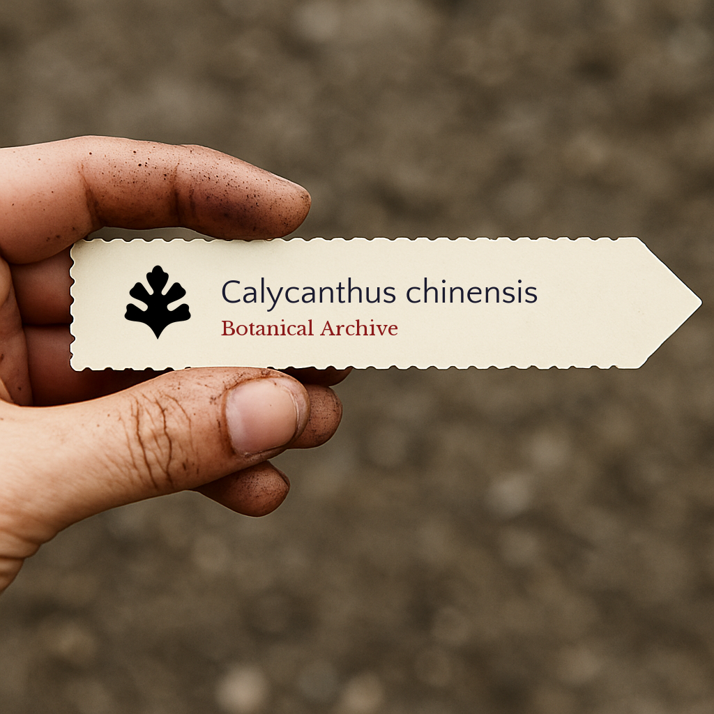 Printed plant label for Calycanthus chinensis with black leaf icon held by dirty hand