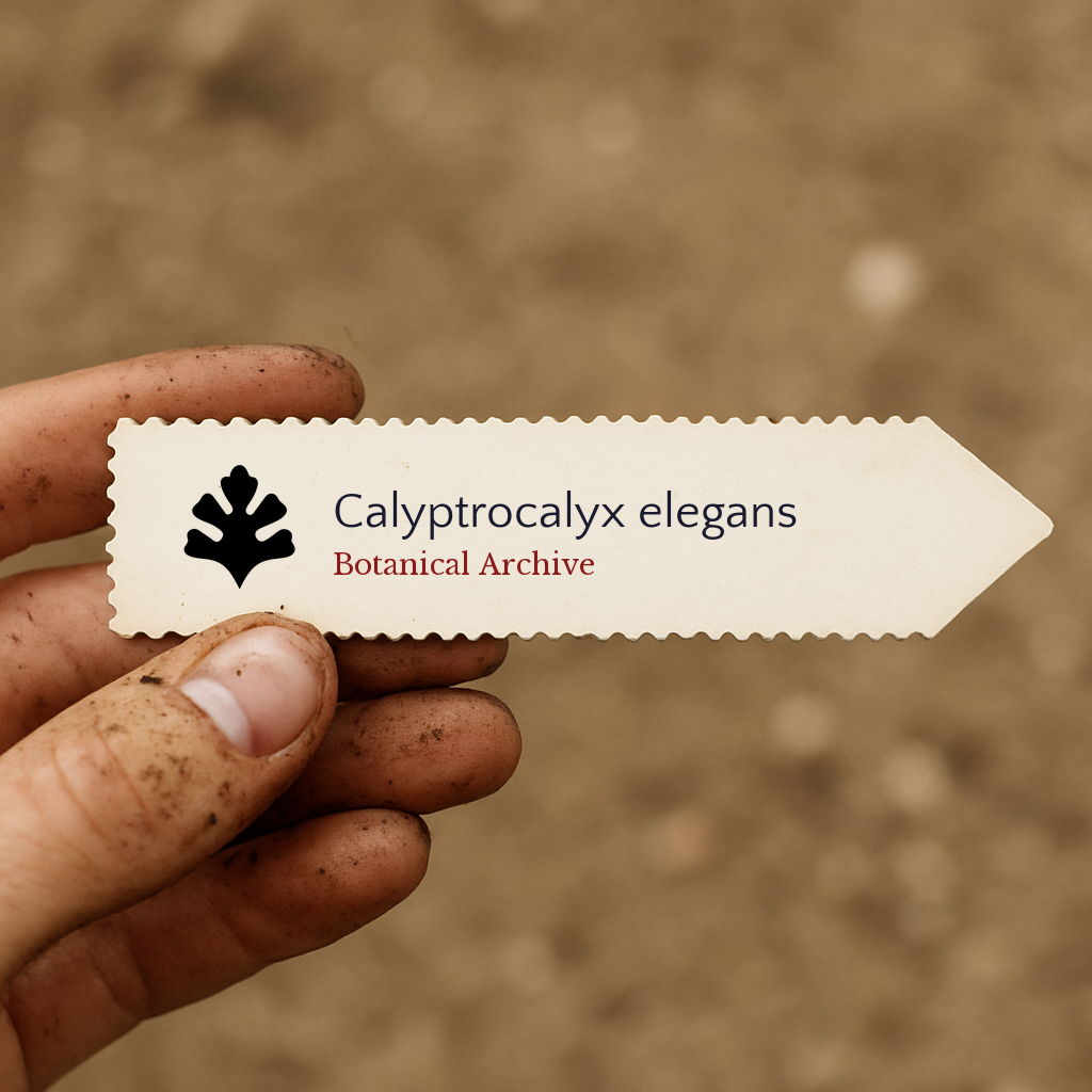 Etichetta plantare stampata per Calyptrocalyx elegans tenuta da mano sporca su sfondo di terra
