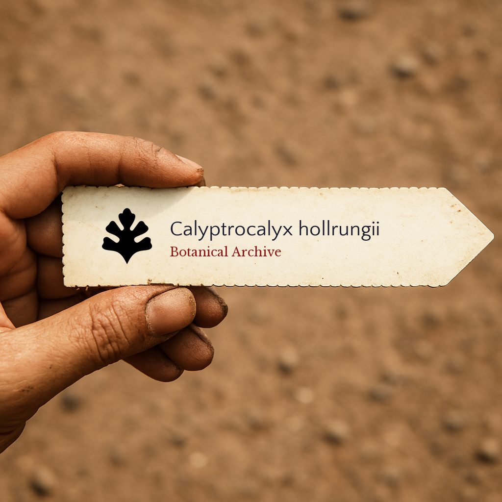 Etichetta stampata per pianta di Calyptrocalyx hollrungii mostrata su sfondo sfocato di terreno