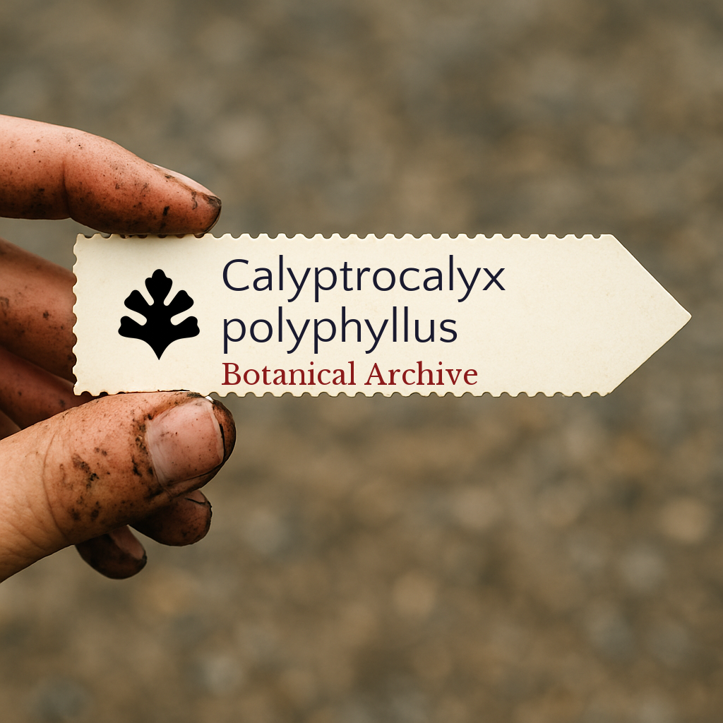 Etichetta stampata per pianta di Calyptrocalyx polyphyllus tenuta da una mano sporca all'aperto