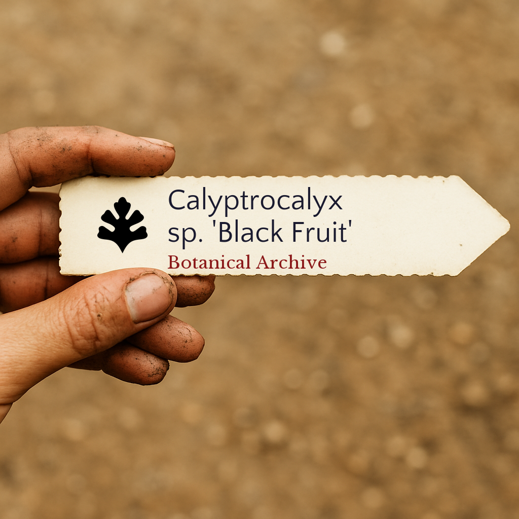 Etichetta per pianta stampata per Calyptrocalyx sp. 'Black Fruit' tenuta a mano con sfondo di terreno