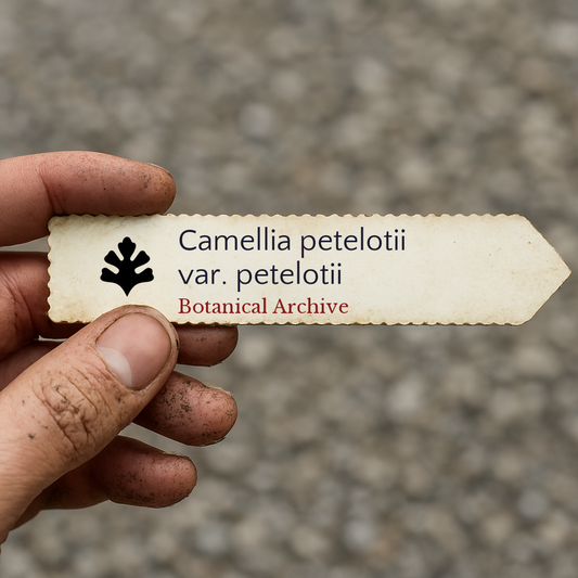 Etichetta stampata per pianta di Camellia petelotii var. petelotii tenuta da mano sporca all'aperto