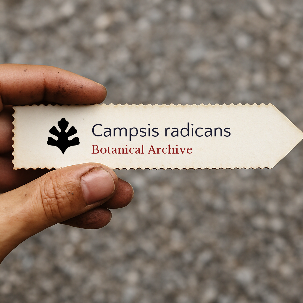 Printed plant label for Campsis radicans held by hand with dirt on fingers