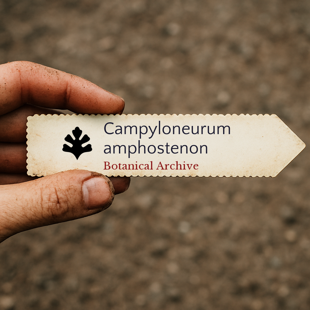 Etichetta a stampa per pianta di Campyloneurum amphostenon tenuta in mano con sfondo di terreno
