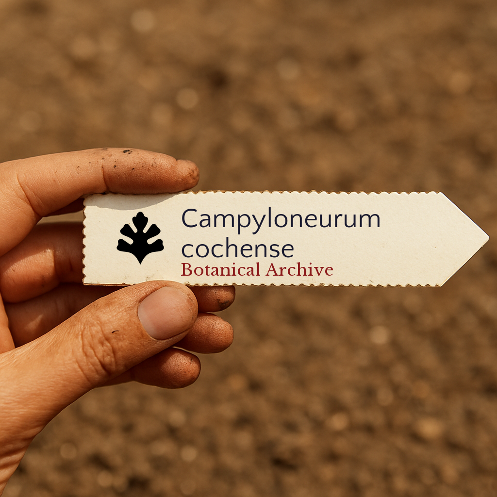 Etichetta stampata per pianta di Campyloneurum cochense tenuta a mano sullo sfondo del terreno