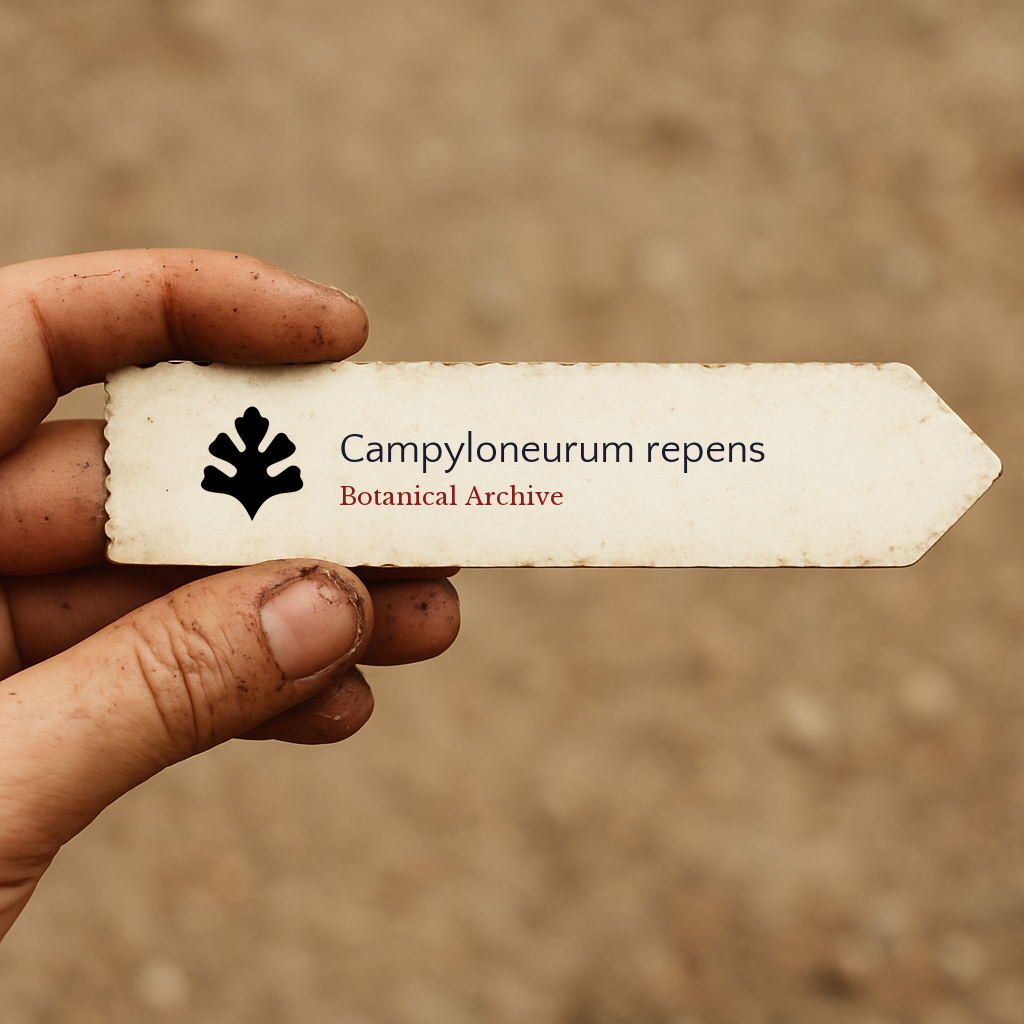 Printed plant label for Campyloneurum repens held by dirty hand on soil background