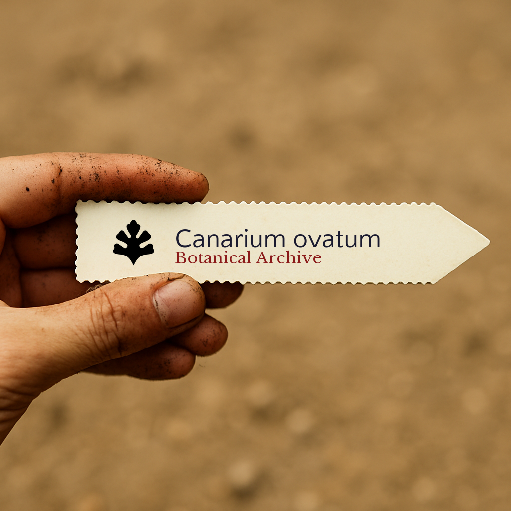 Printed plant label for Canarium ovatum held by dirty hand with soil background