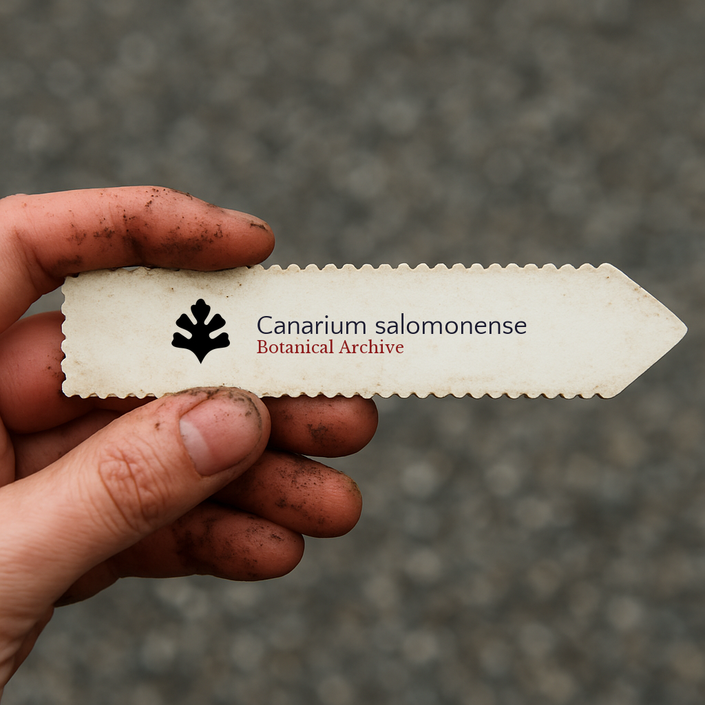 Printed plant label for Canarium salomonense held by dirty hand outdoors