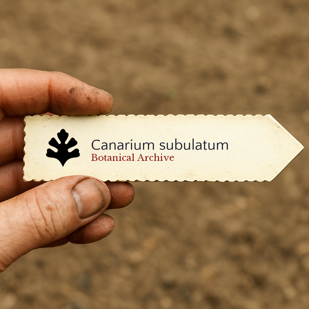 Etichetta vegetale stampata per Canarium subulatum su sfondo di terra