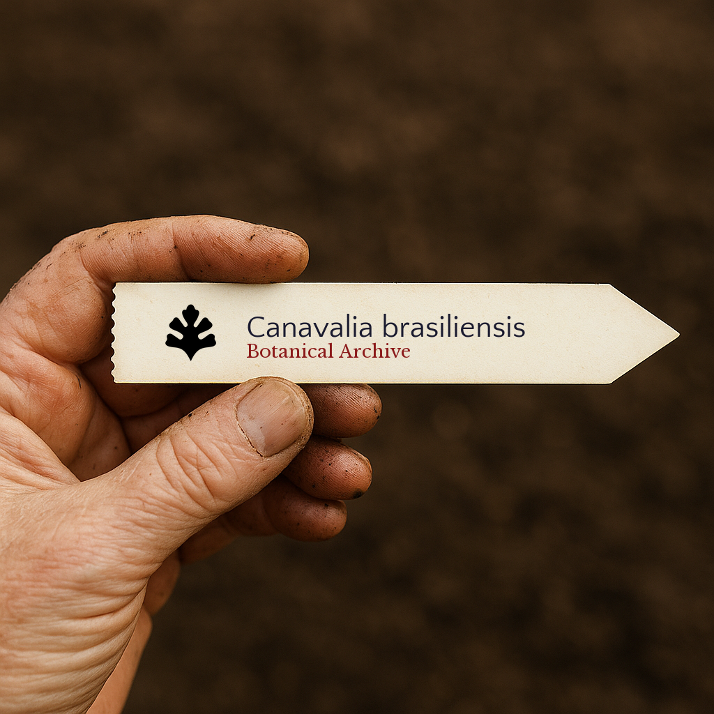 Printed plant label for Canavalia brasiliensis held by hand over soil background