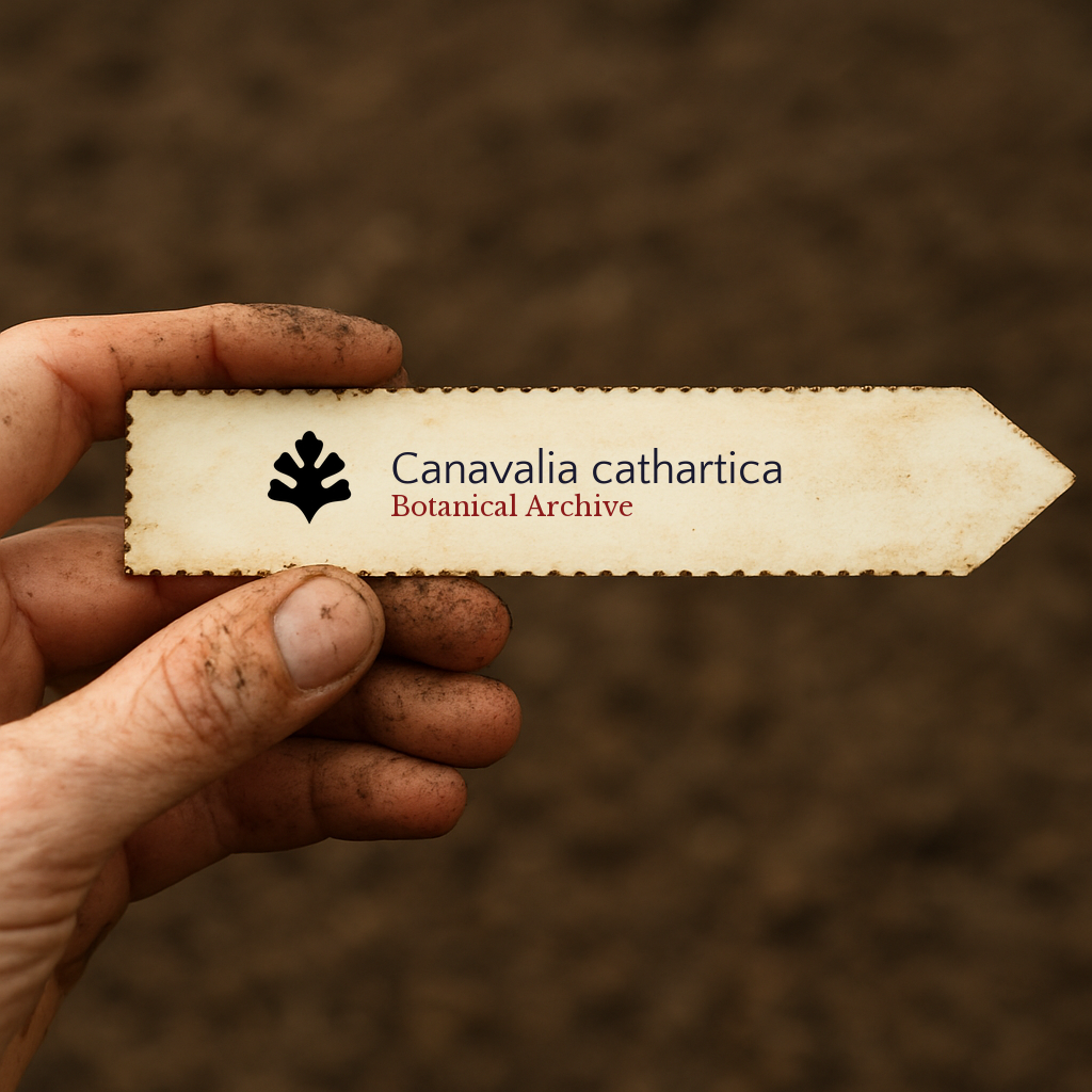 Printed plant label for Canavalia cathartica held by dirty hand over soil background