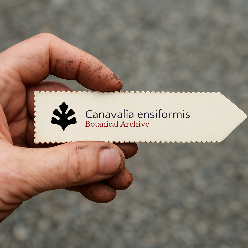Etichetta della pianta stampata per Canavalia ensiformis tenuta da una mano sporca all'aperto