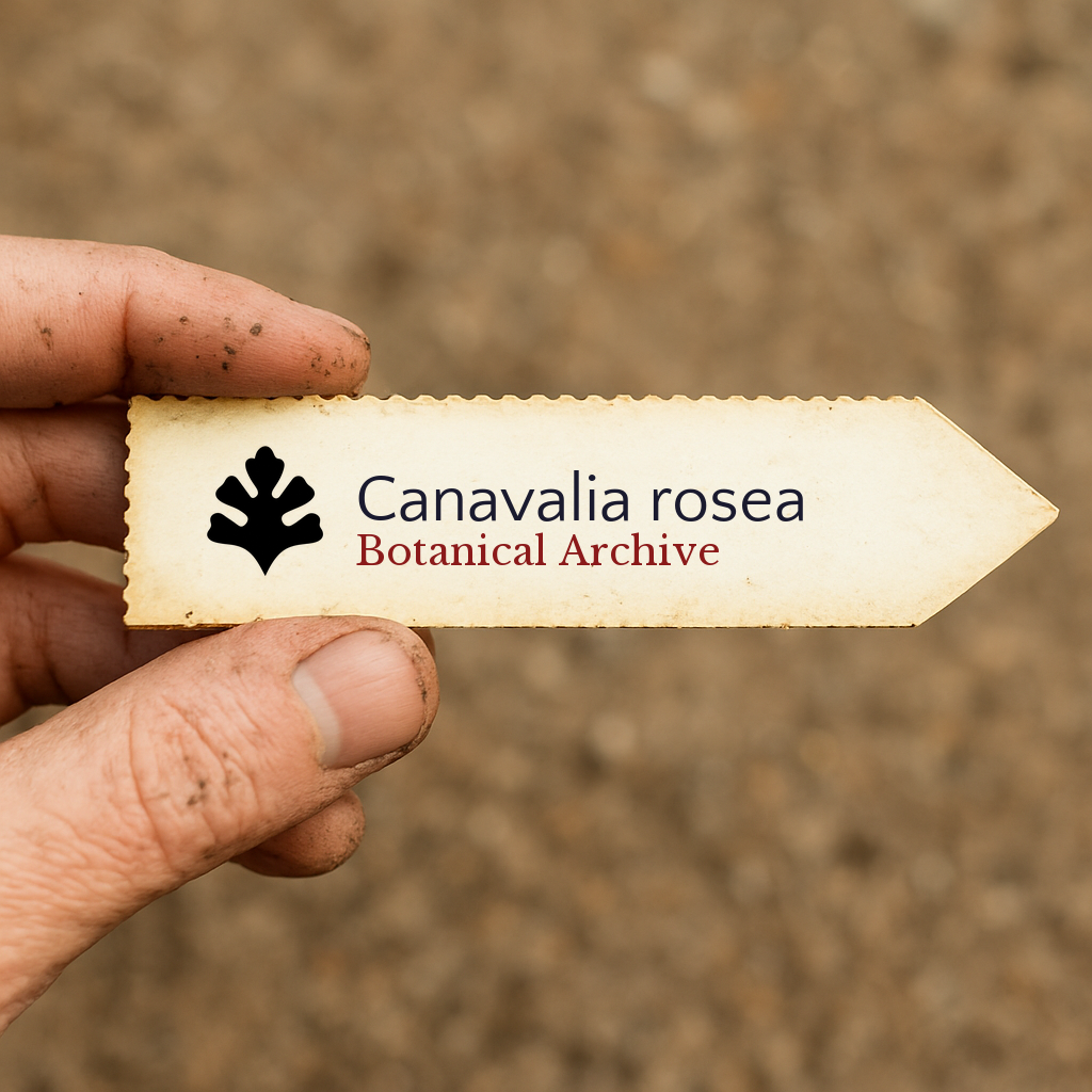 Printed plant label for Canavalia rosea held by hand with soil background