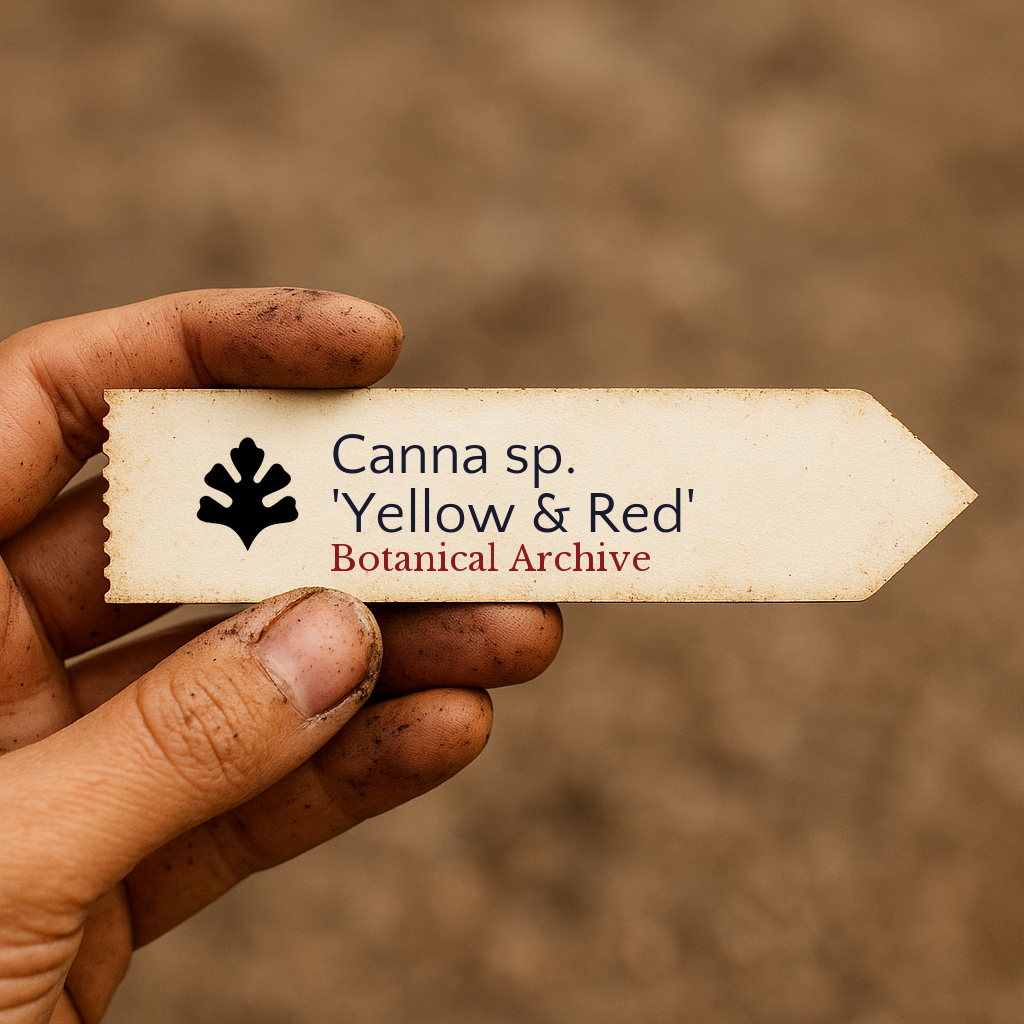 Printed plant label for Canna sp. 'Yellow & Red' held by dirty hand