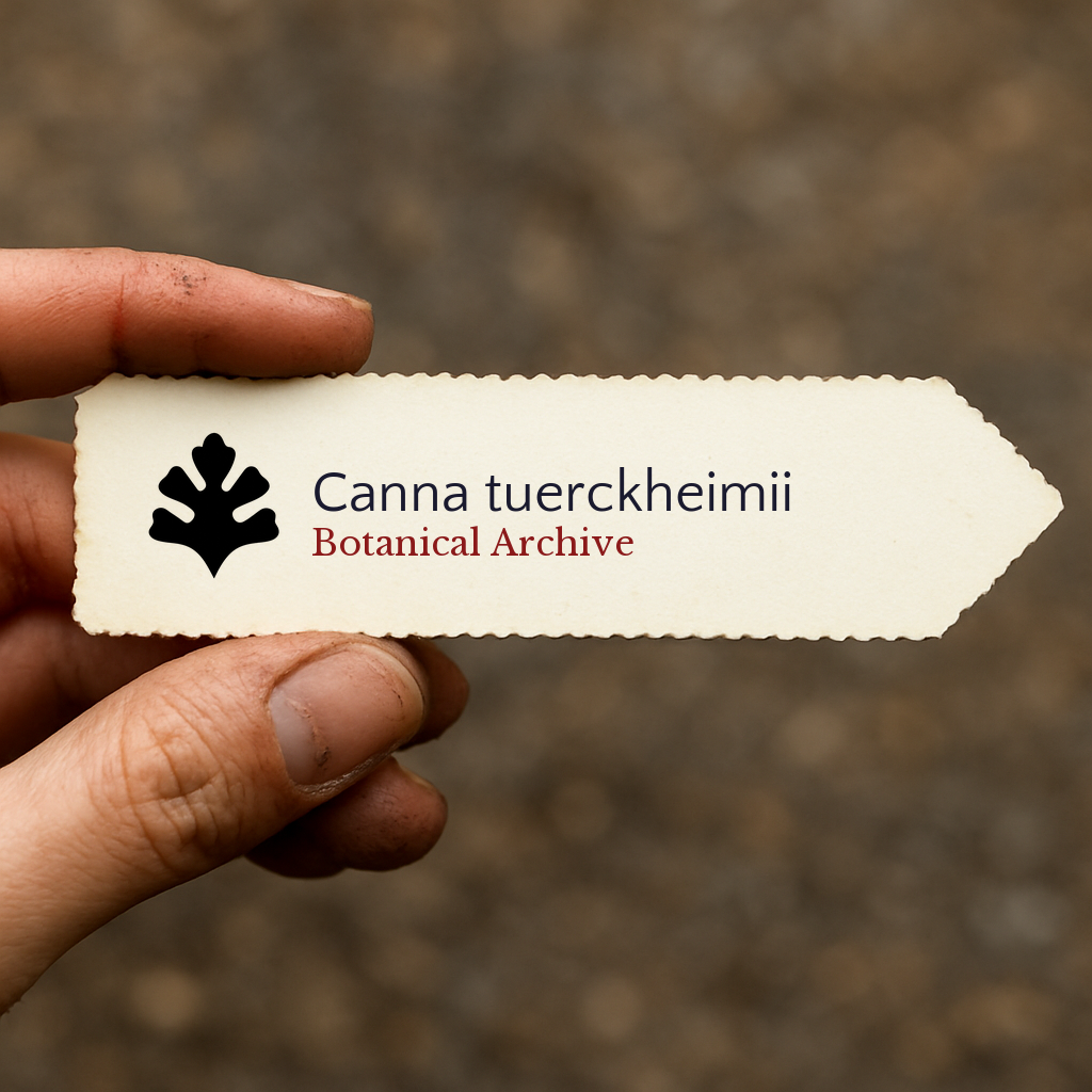 Printed plant label for Canna tuerckheimii held by hand with dirt background