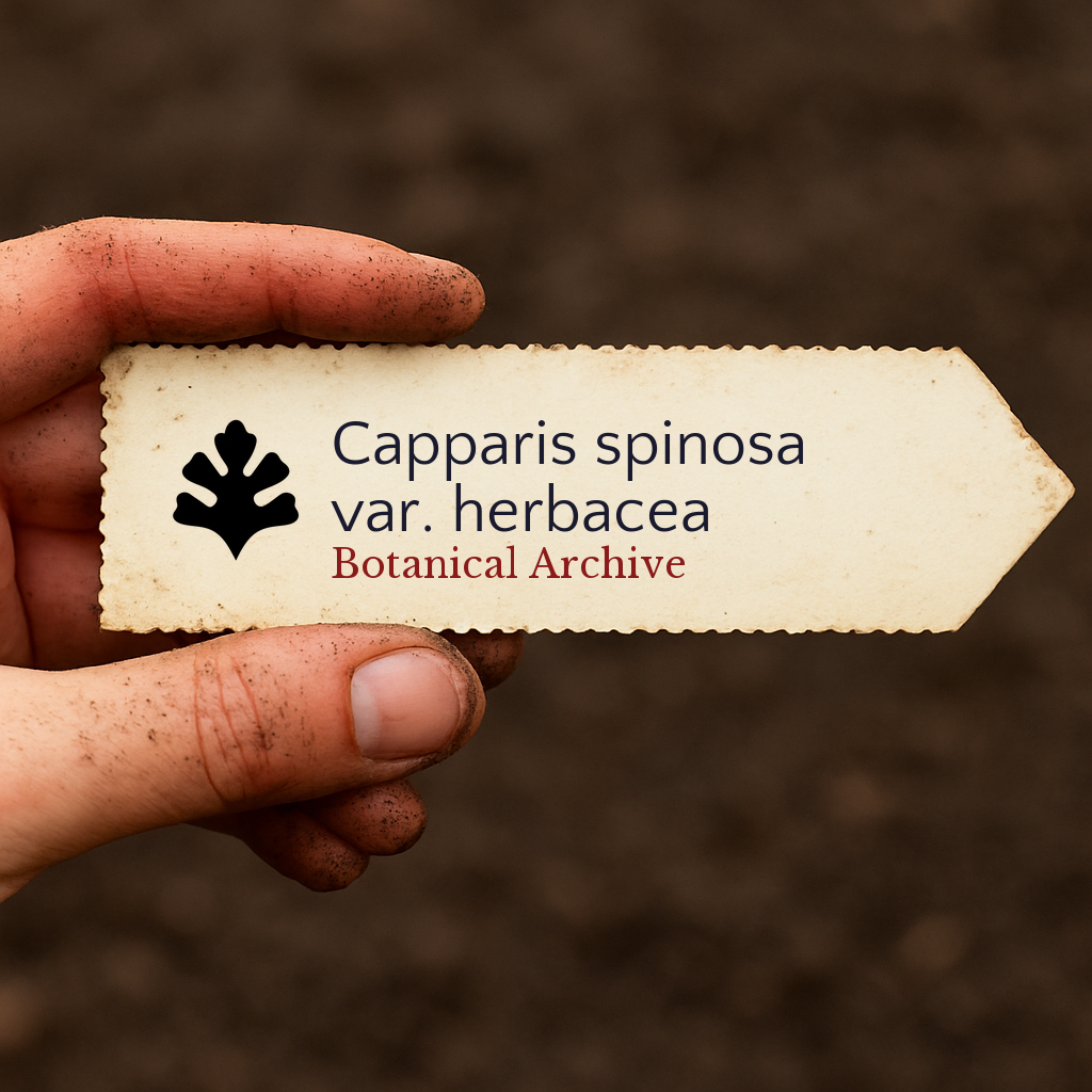 Etichetta stampata per pianta di Capparis spinosa var. herbacea tenuta da mano sporca su sfondo di terreno