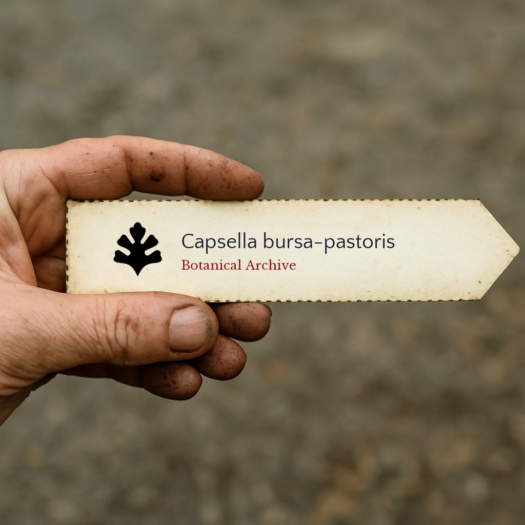 Printed plant label for Capsella bursa-pastoris held by a dirty hand outdoors