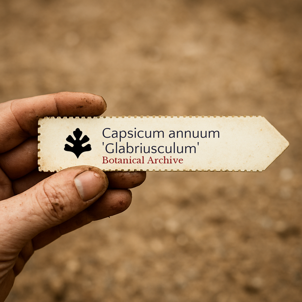 Etichetta per piante stampata per Capsicum annuum 'Glabriusculum' tenuta in mano con sfondo di terreno