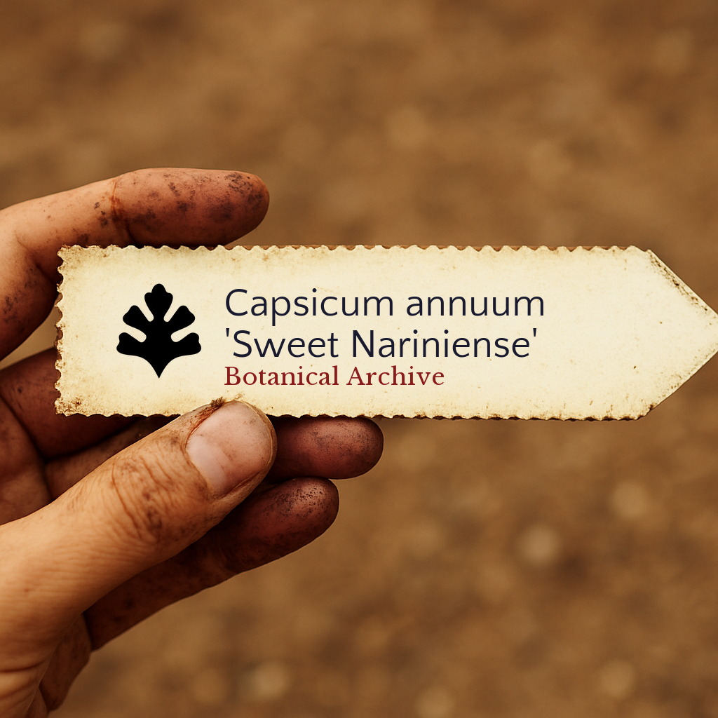 Etichetta stampata per pianta di Capsicum annuum 'Sweet Nariniense' tenuta da mano sporca all'aperto