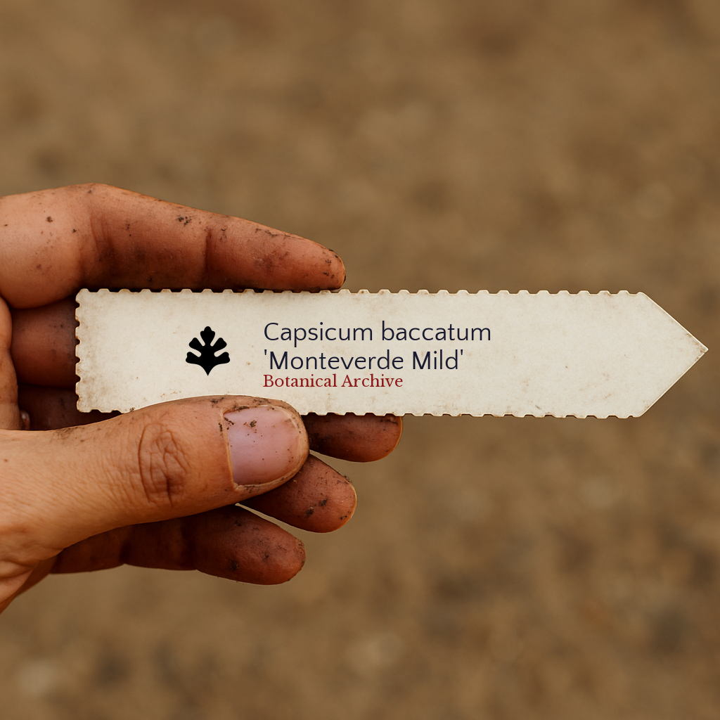 Printed plant label for Capsicum baccatum 'Monteverde Mild' held by dirty hand outdoors