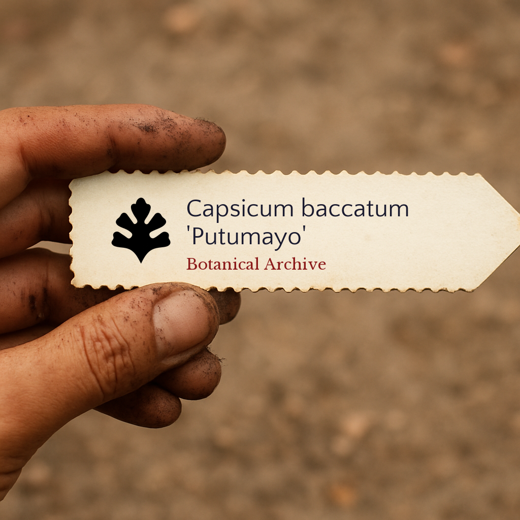 Printed plant label for Capsicum baccatum 'Putumayo' held by dirty hand outdoors