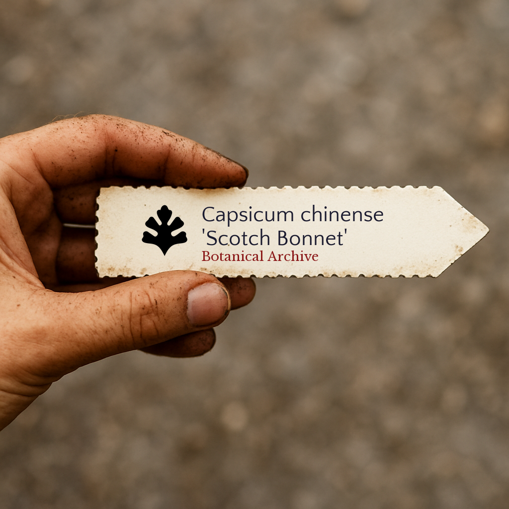 Printed plant label for Capsicum chinense 'Scotch Bonnet' held by dirty hand outdoors