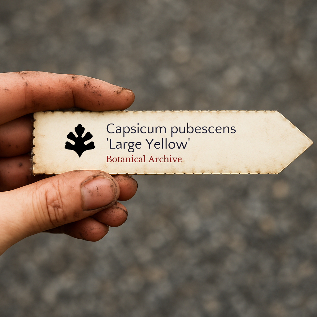 Etichetta per piante stampata portatile per Capsicum pubescens 'Large Yellow' con dita macchiate di terra