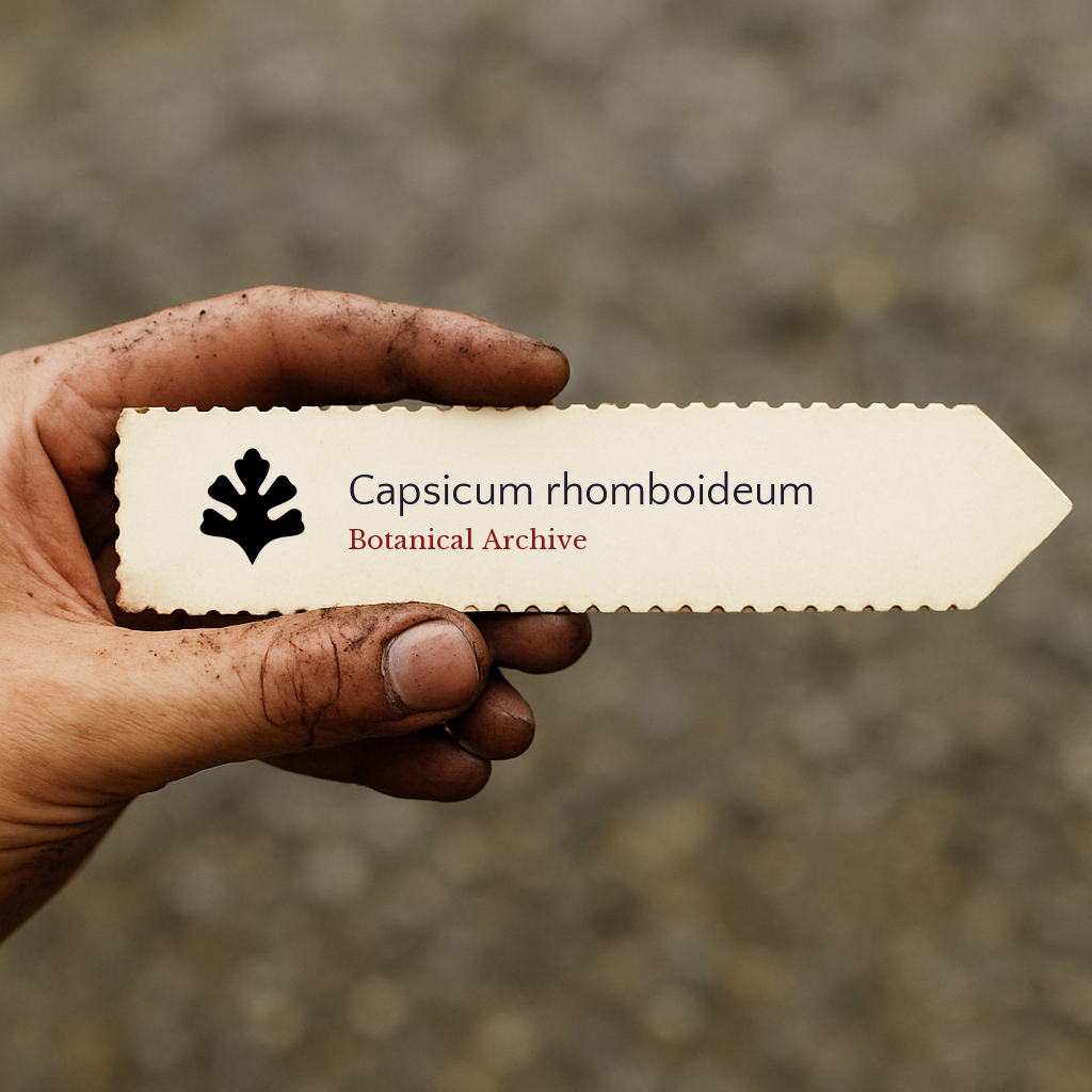 Printed plant label for Capsicum rhomboideum held by dirty hand outdoors