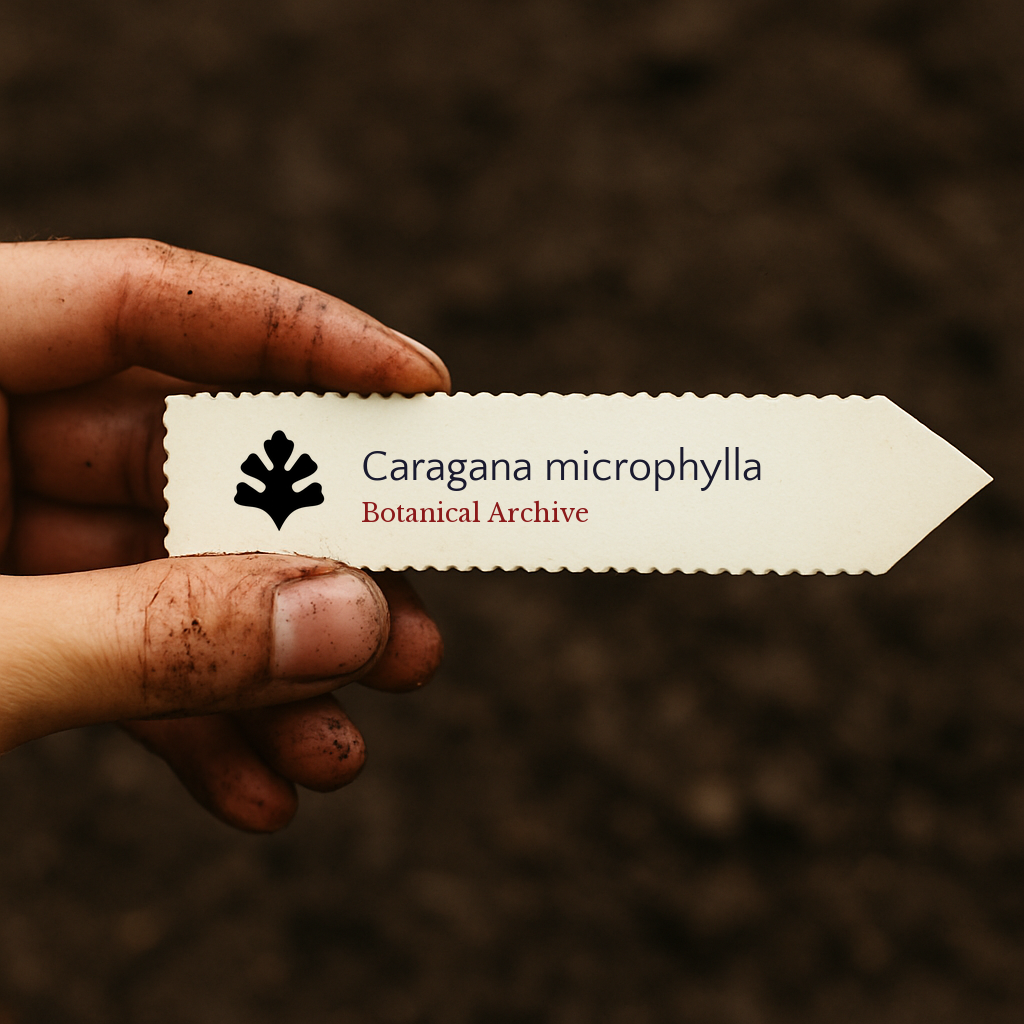 Etichetta stampata per pianta di Caragana microphylla tenuta da mano sporca sopra sfondo di terreno
