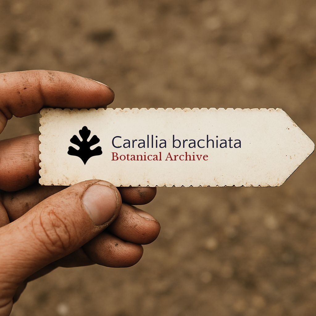 Etichetta stampata per pianta di Carallia brachiata con logo di Botanical Archive tenuta a mano